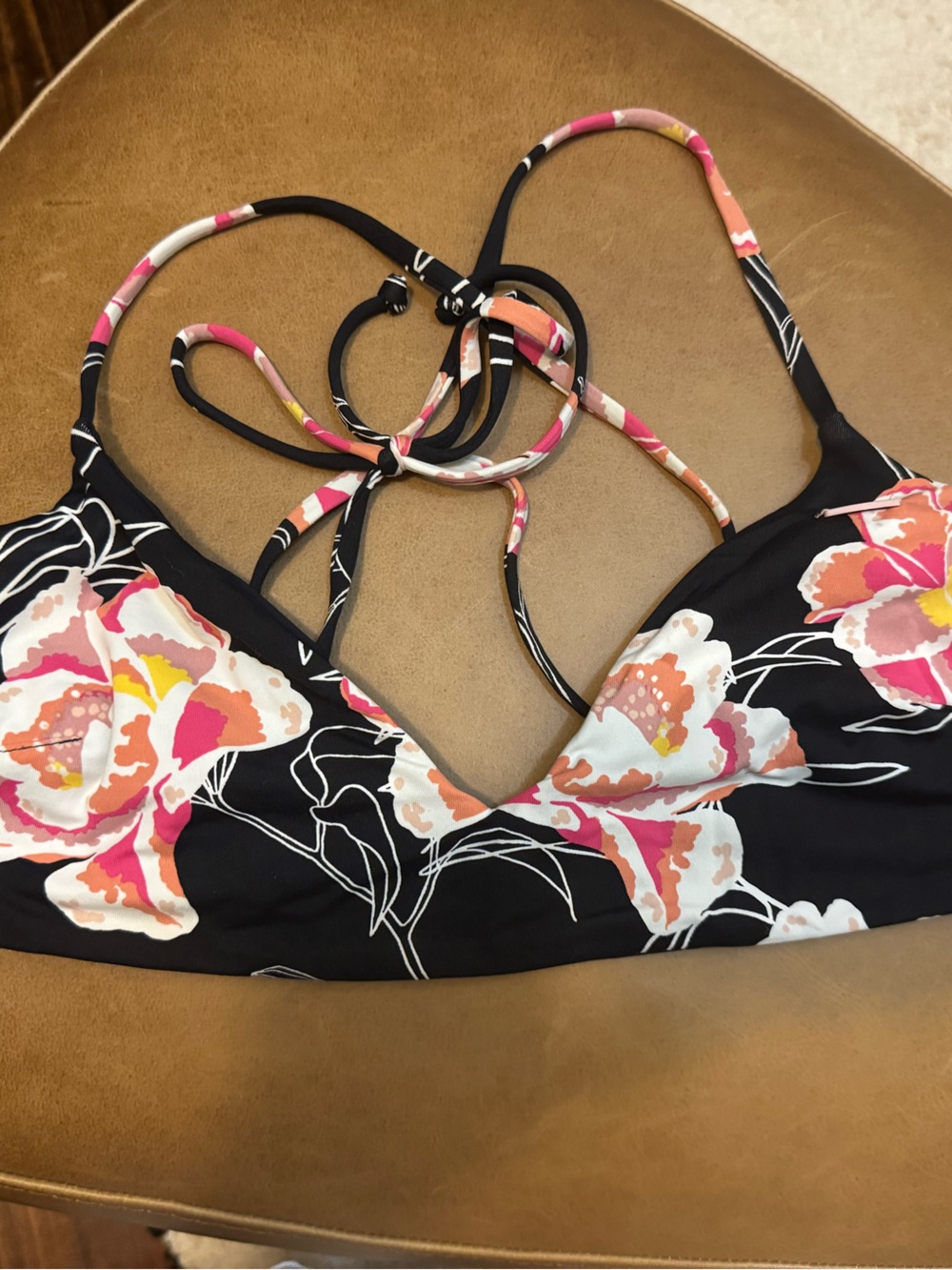 Roxy Black Bikini Top with Pink & Coral Floral Straps